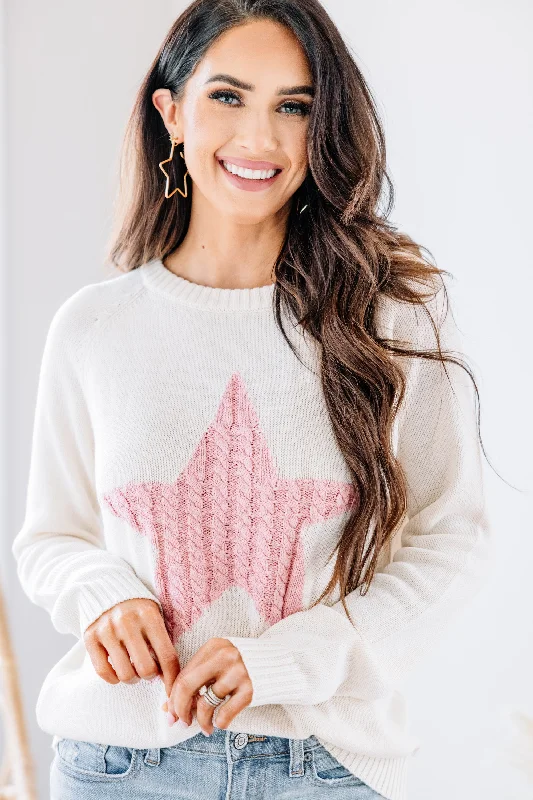 All For Love Oatmeal and Pink Star Sweater Oversized Loose Flowy