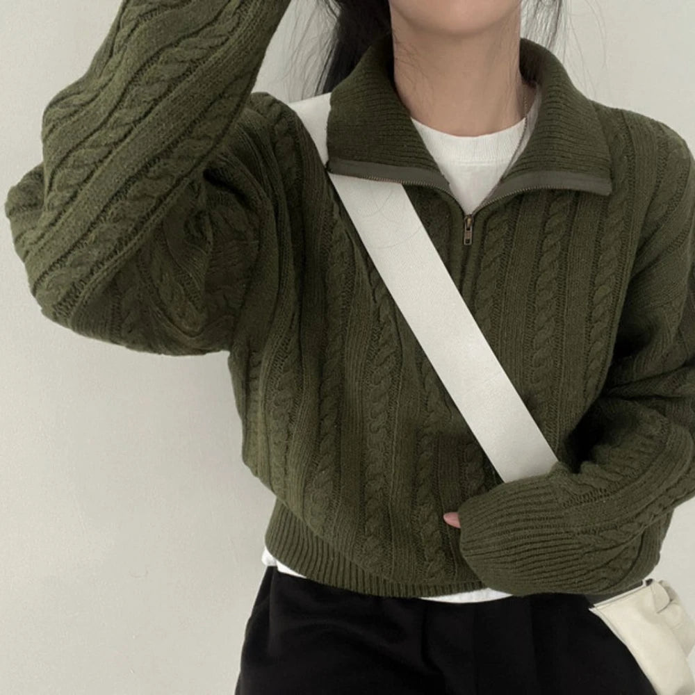 Advbridge Autumn Oversize Knitted Sweater Women 2023 New Vintage Pullover Baggy Long Sleeve Zipper Sweaters Lady Half High Collar Korean One Shoulder Top