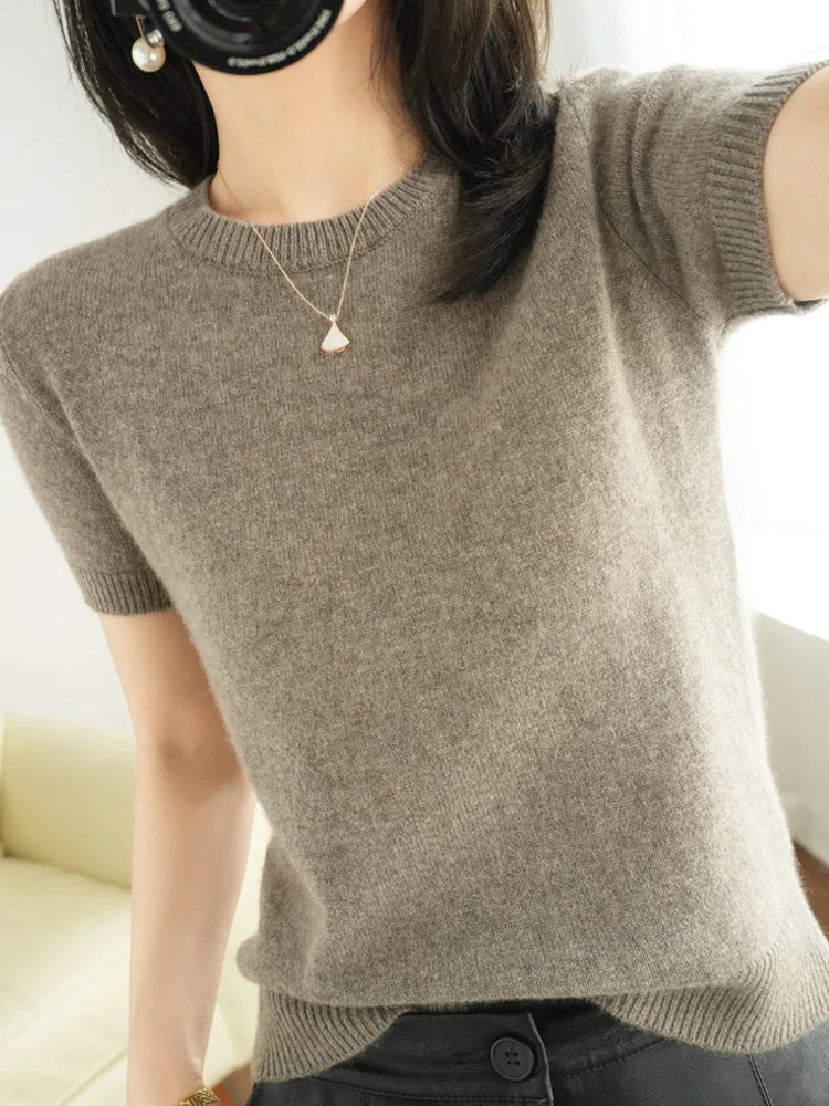 Short-sleeved Knitwear Women O-neck T-shirt Wool Cotton Blend Pullover Vest Sprig Summer Bottoming Tops Sweater Solid Soft Modern Contemporary Chic