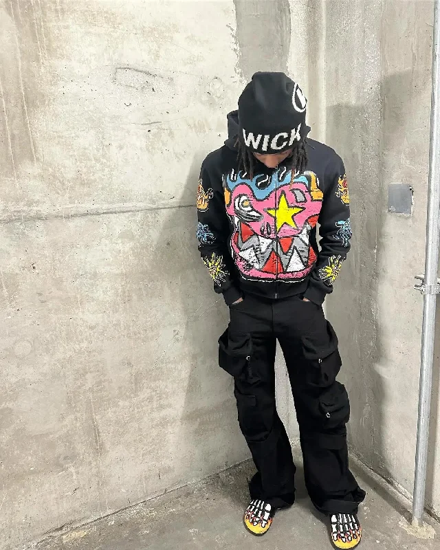 Advbridge 90s Streetwear American Retro Street Hip Hop Pattern Print Men Hoodie Y2k Gothic Punk Oversized Women Streetwear Pullover Harajuku Sweatshirt Gathered Sleeve Pullover