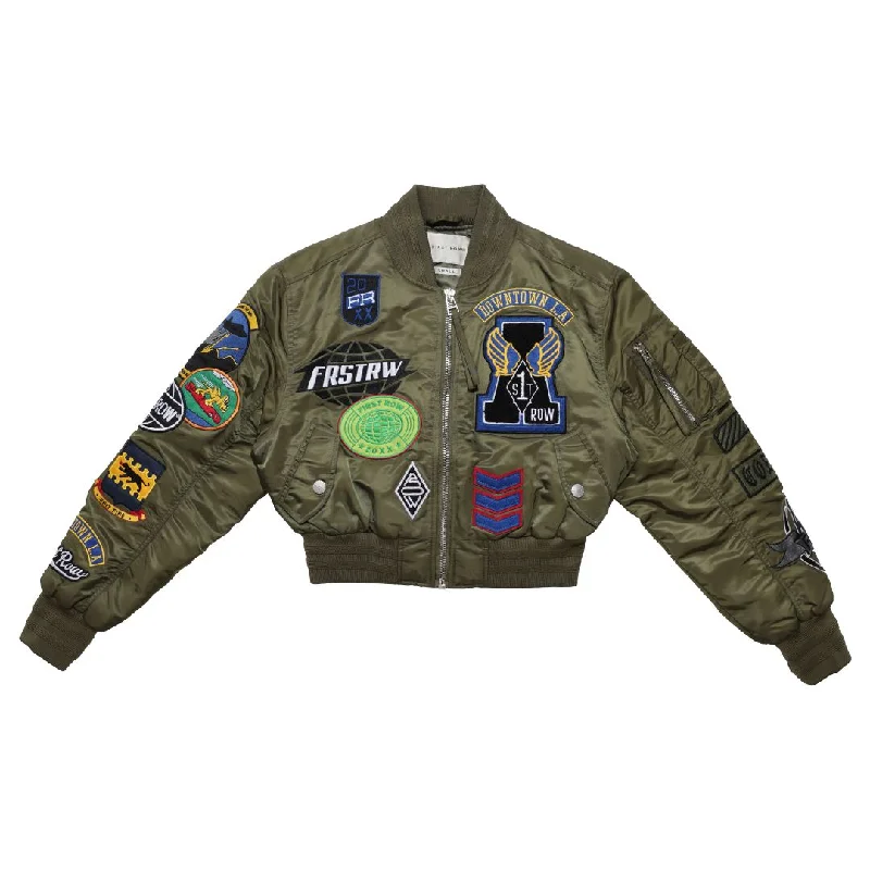 First Row Coexist Multi Patches " Olive Women's Jacket" Zippered Front Buttoned Front Snap Front