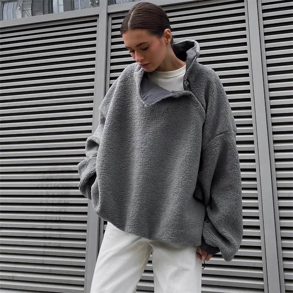 Advbridge Casual Pullover Side Zipper Polar Fleece Jacket for Women Autumn Winter Designed Drawstring Oversized Turtleneck Plush Top Fine Merino Wool