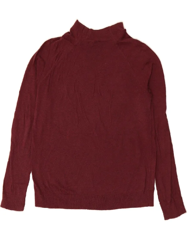 BENETTON Womens Turtle Neck Jumper Sweater UK 10 Small Maroon Cotton Beaded Sweater Sequined Faux Fur