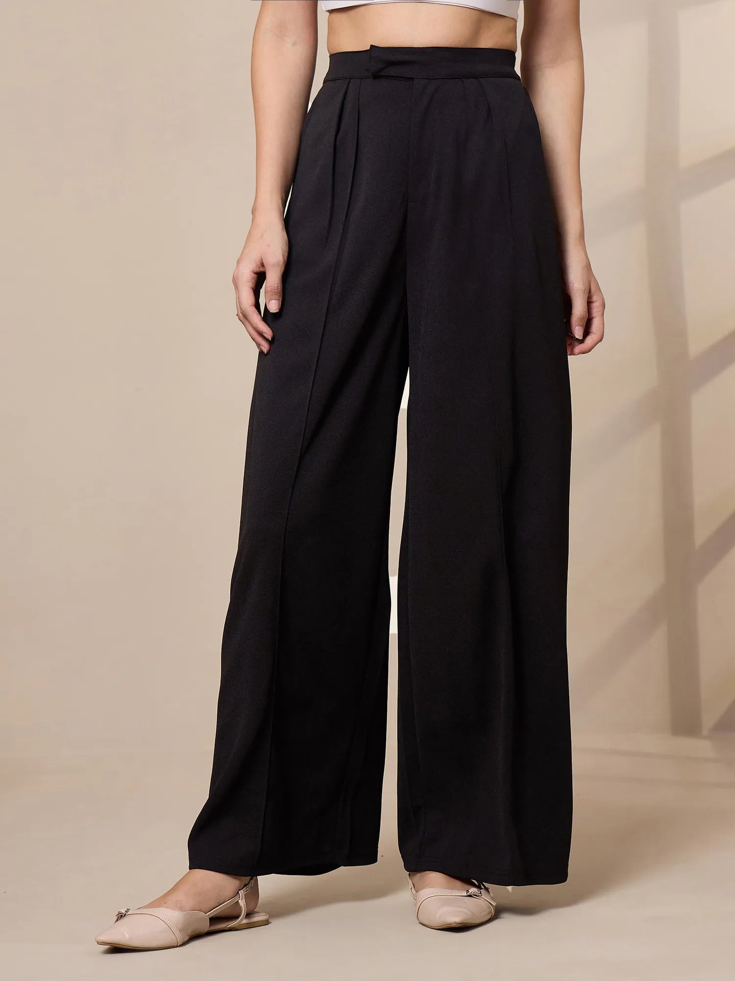 Women Black Pleated Wide Leg Trousers-SFPANT50908 Trousers fashionable chic