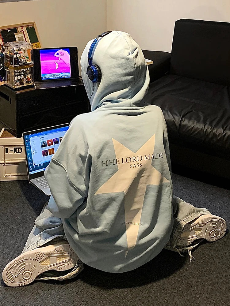 Advbridge ADAgirl Star Graphic Hoodies Women Kpop Long Sleeve Oversized High Streetwear Korean Fashion Pullover Casual Couples Clothes Three Quarter Sleeve