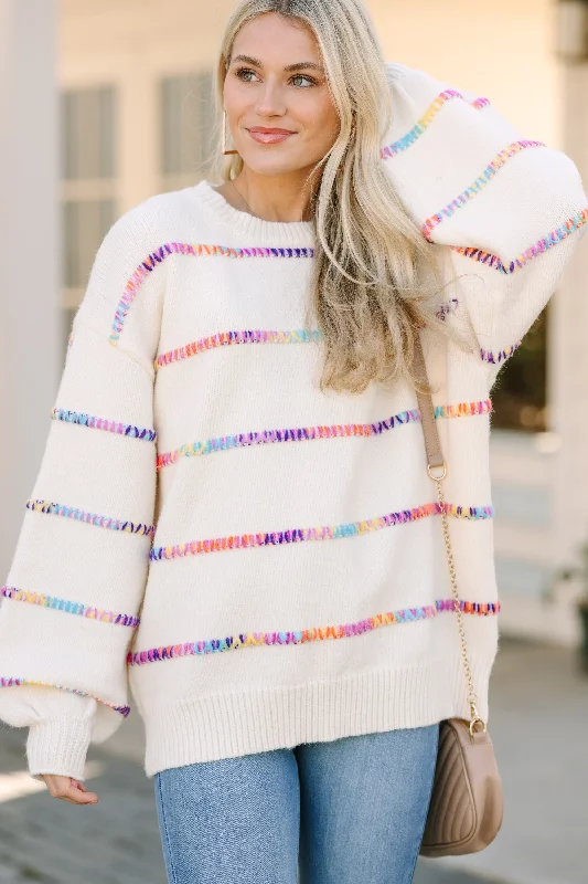 Stuck On You Cream White Rainbow Stitched Sweater Notch Collar Peter Pan Collar Cowl Neck