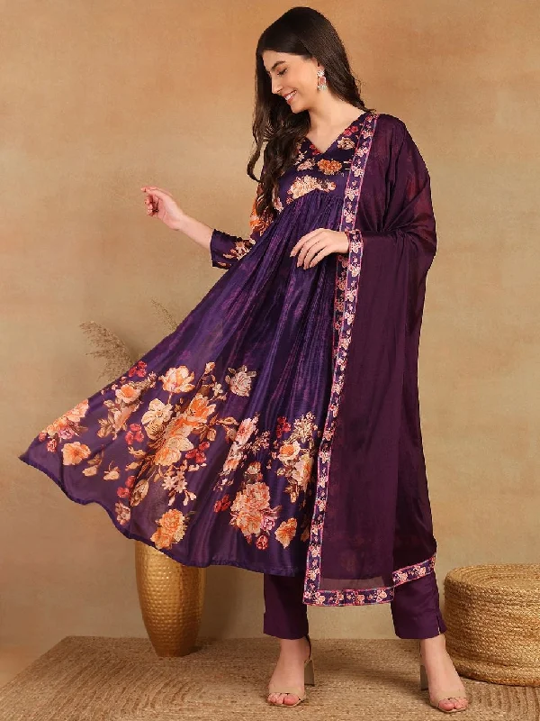 Purple Silk Blend Floral Printed Straight Kurta Trouser With Dupatta Trousers Favorite Customer