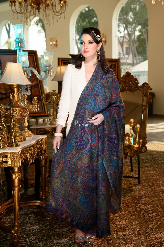 Pashtush Womens 100% Pure Wool With Woolmark Certificate Shawl, Woven Kalamkari Weave Design, Blue Cozy Plaid Shawl Scarf