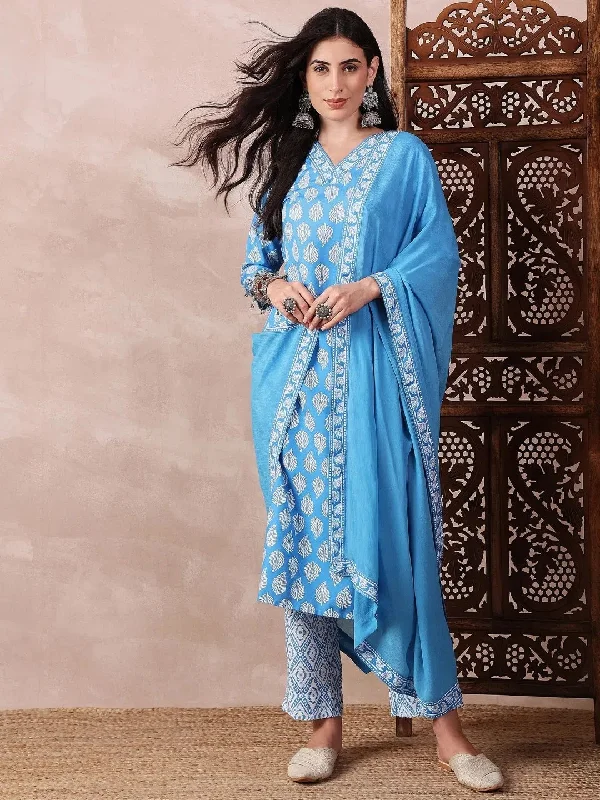 Ahika Women Blue Rayon Blend Floral Printed Straight Kurta Trouser With Dupatta-VKSKD2243 Trousers Bootcut Casual