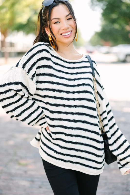 Be Happy Ivory White Striped Sweater Boat Neck Shawl Collar Notched Collar