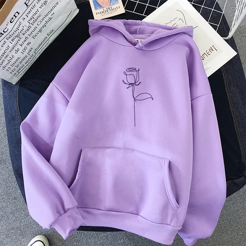 Korean Style Sweatshirt Autumn Streetwear Flower Printing Hoodies Pullovers Cable Knit Chunky