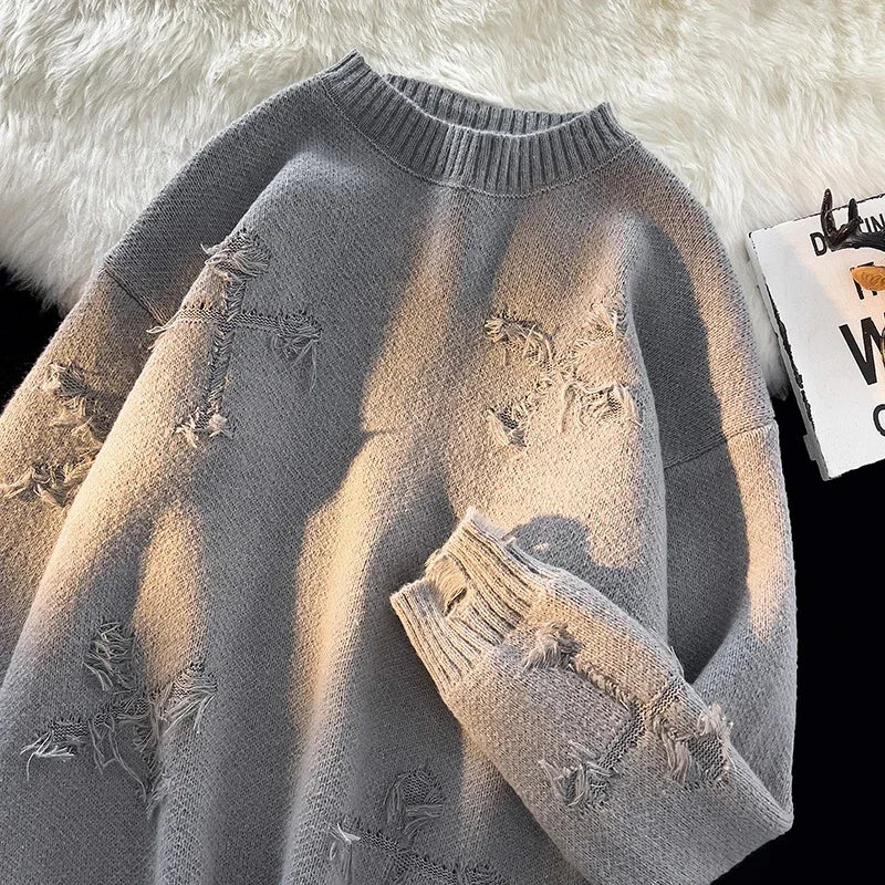 Advbridge High Street y2k Tide Holey Breaking Sweater Men Women Autumn Winter Casual Couple Knitwear Tops Solid Versatile Pullovers Lantern Sleeve Elegant