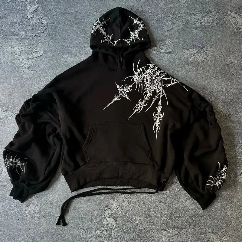 Advbridge Dark Gothic geometric pattern printed oversized pullover hoodies women Y2K street hip-hop rock trend couple versatile sweatshirt Slouchy Comfort Pullover