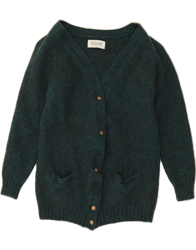 BENETTON Womens Cardigan Sweater UK 12 Medium Green Wool Herringbone Houndstooth Plaid