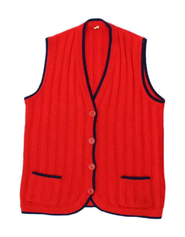 VINTAGE Womens Sleeveless Cardigan Sweater IT 42 Medium Red Acrylic Cable Knit Ribbed Knit Lace Knit
