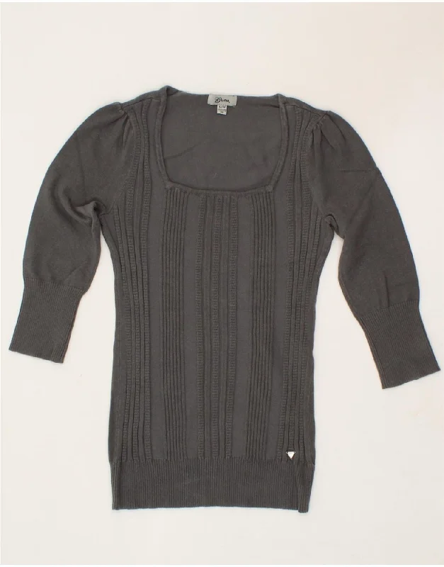 GUESS Womens 3/4 Sleeve Boat Neck Jumper Sweater UK 12 Medium Grey Cotton Lace Blend Ribbed Blend Corduroy Blend