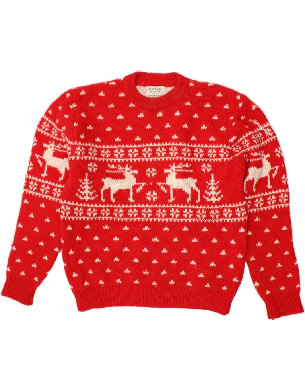 BENETTON Womens Crew Neck Jumper Sweater UK 16 Large Red Fair Isle Mesh Blend Leather Blend Suede Blend