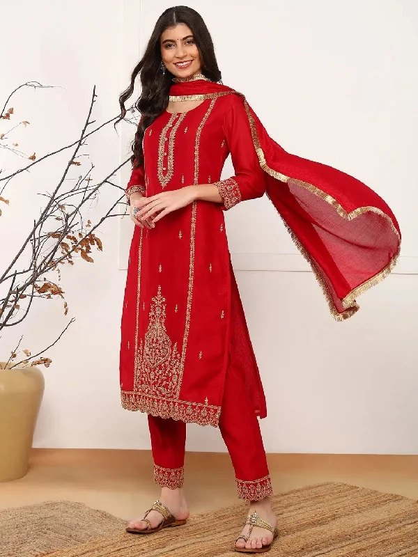 Ahika Women Red Silk Blend Solid Embroidered Straight Kurta Trouser With Dupatta-PKSKD2573RED Trousers Gym Athletic