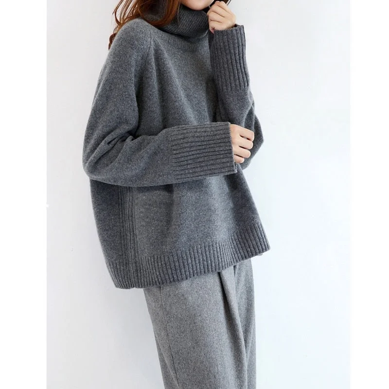 WILUXE  Winter New Fashion Cashmere Wool Women Warm Solid Sweaters Casual Full Sleeve Turtleneck Loose Pullovers Computer Knitt Ribbed Striped Patterned