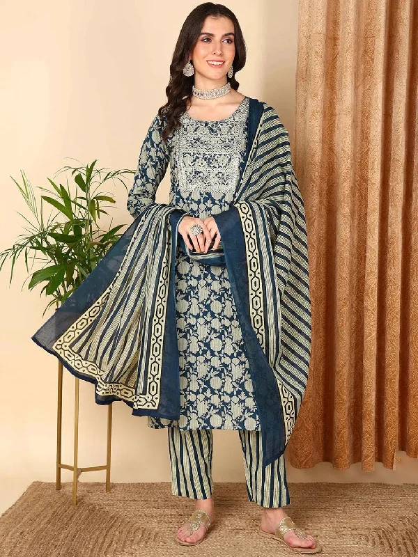 Ahika Women Navy Blue Rayon Blend Floral Embroidered Straight Kurta Trousers With Dupatta-VKSKD2212BLU Trousers Designer Luxury