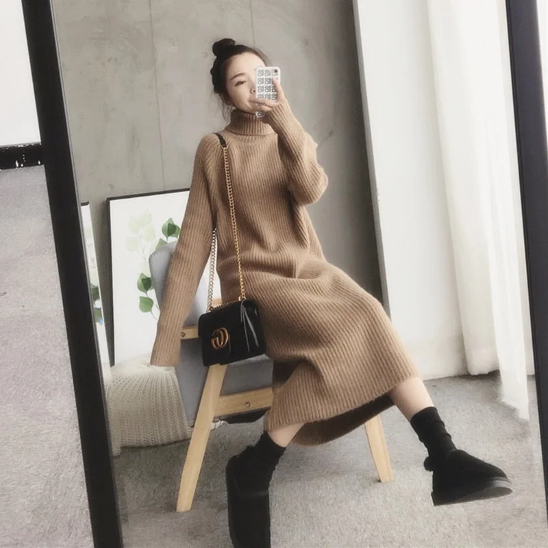 WILUXE  Sweater Women Pullover Turtleneck Women's Plus Size Winter Sweater For Women Warm thick casual Female Knitted dress Beaded Sweater Sequined Faux Fur