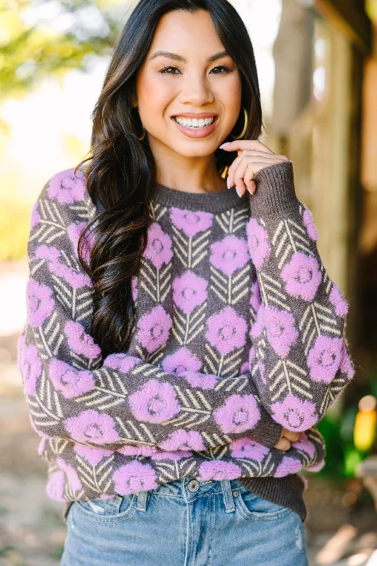 With You Always Mocha Brown Floral Sweater Spandex Rayon Corduroy
