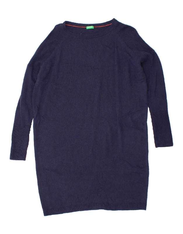 BENETTON Womens Long Sleeve Jumper Dress UK 10 Small Navy Blue Wool Thin Thick Dense