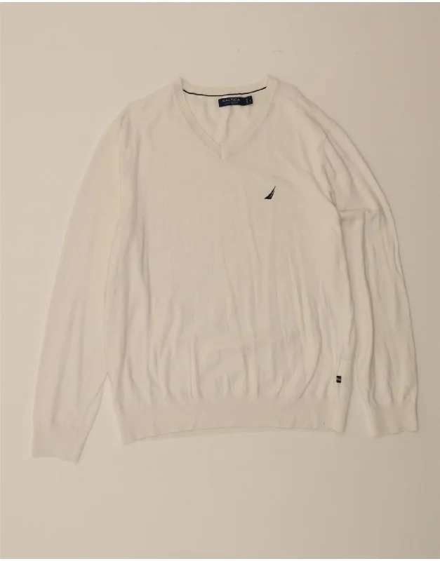 NAUTICA Womens V-Neck Jumper Sweater UK 16 Large White Cotton Handmade Hand-knitted Hand-woven