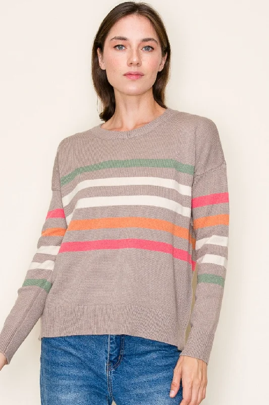 COLOR STRIPE CREW NECK PULLOVER - MOCHA Bateau Neck Pullover