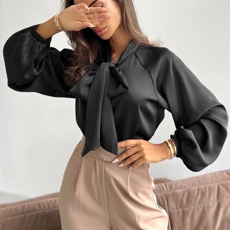 Advbridge Fashion Women Solid Long Sleeve Office Blouses Tops Pullover Lady Long Sleeve Basic Shirt Commute Bow Tie Collar French Shirt Thin Wool Pullover