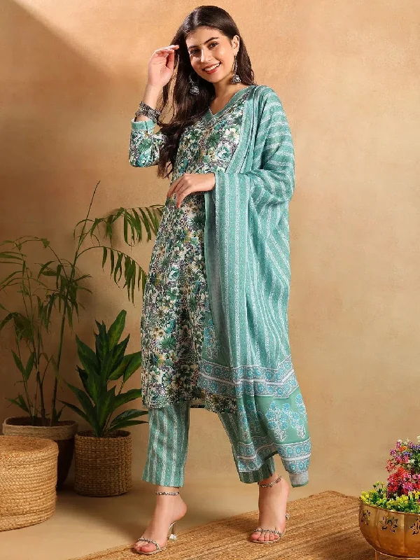 Ahika Women Green Poly Rayon Floral Printed Straight Kurta Trousers With Dupatta-PKSKD2568WHT Trousers Versatile Stylish