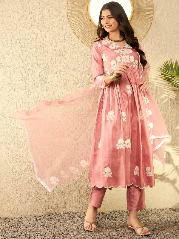 Peach Silk Blend Solid Embroidered A-Line Kurta Trouser With Dupatta Trousers Exclusive Limited