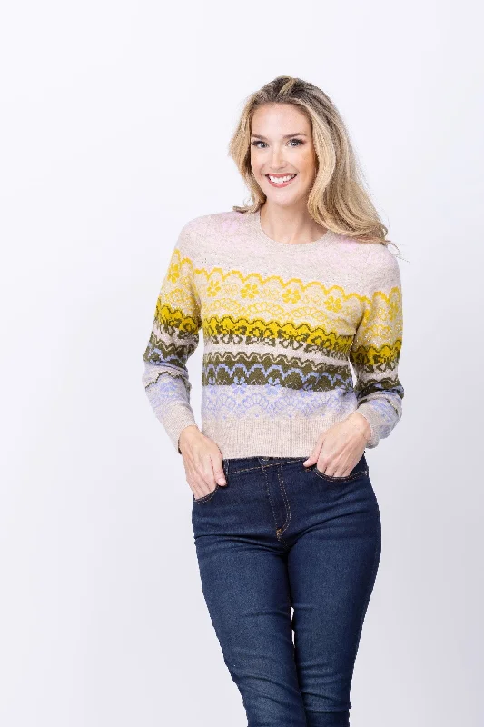 Cinq à Sept Lace Fair Isle Pullover In Oatmeal Multi Plunging Neck Pullover