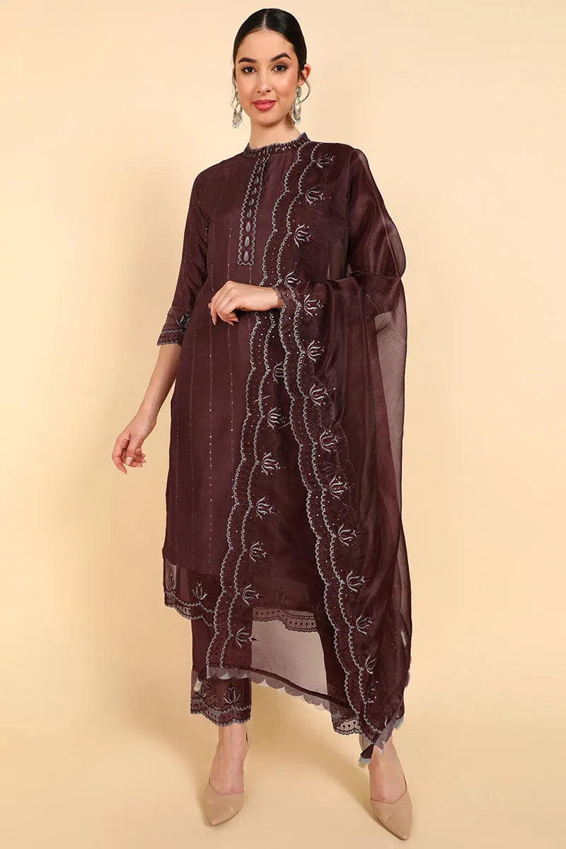 Ahika Poly Silk Solid Embroidered Kurta Trousers-PKSKD1387_XS Trousers sophisticated sleek