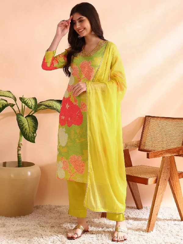 Ahika Women Yellow Rayon Blend Floral Printed Straight Kurta Trousers With Dupatta-PKSKD2425 Trousers Leather Faux