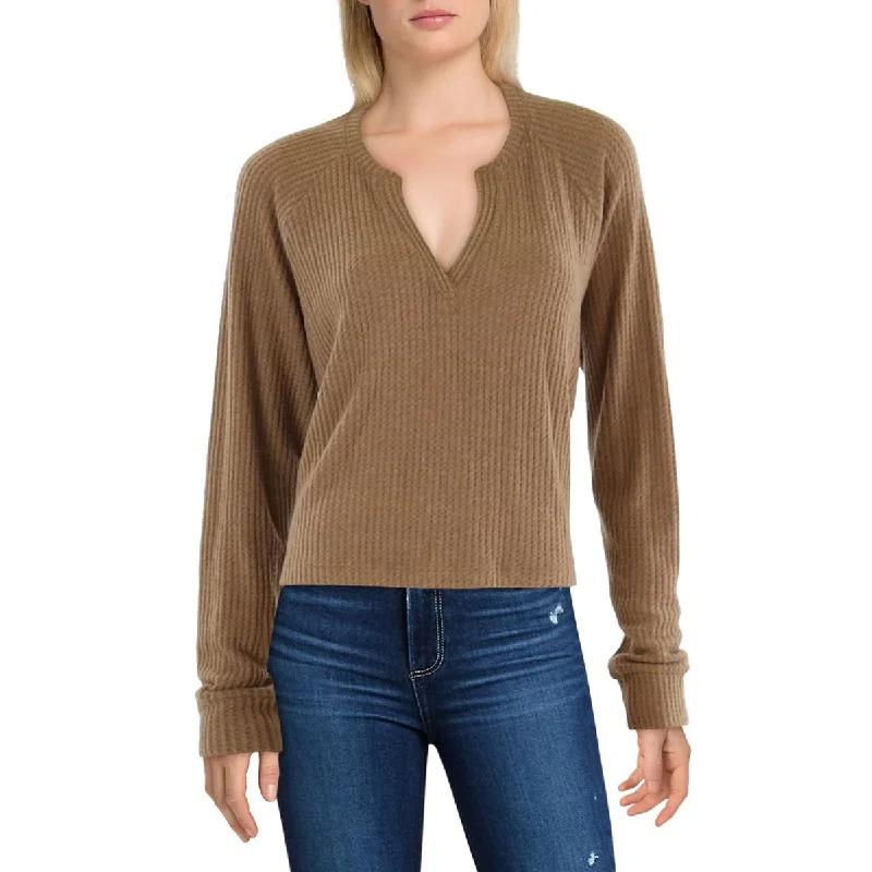 Womens Waffle Knit V-Neck Pullover Top Sarouel Sleeve Pullover