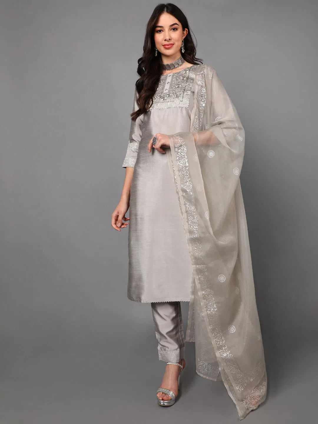 Ahika Poly Silk Embroidered Kurta Trousers Dupatta-PKSKD1433_XS High Waist Slim Fit Ankle Length