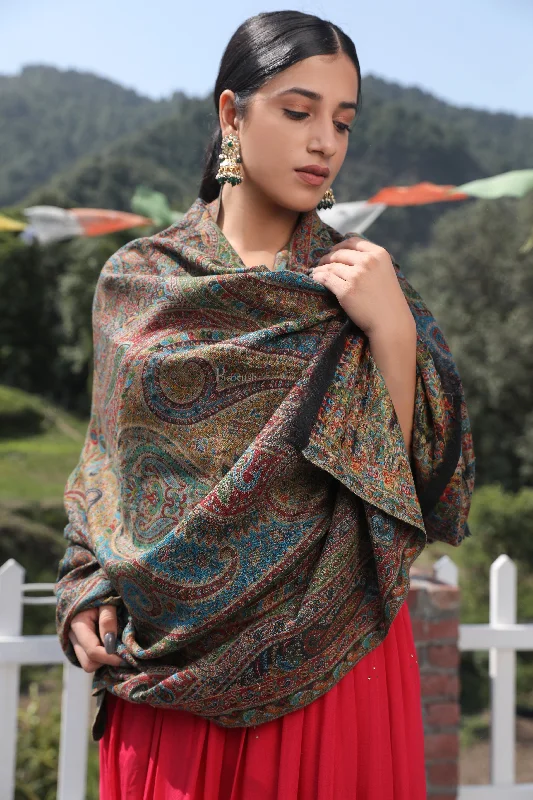 Pashtush women pure wool, woolmark certified shawl, ethnic weave design, multicolour Stylish Oversized Wool Shawl