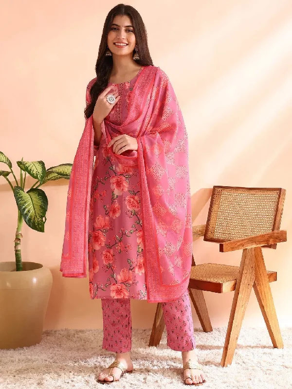 Ahika Women Pink Poly Rayon Floral Printed Straight Kurta Trousers With Dupatta-PKSKD2566PNK Trousers Corduroy Warm