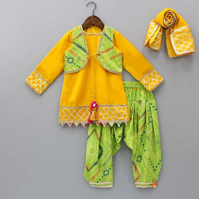 Pre Order: Yellow Velvet Kurti With Bandhani Printed Tie Up Jacket And Salwar With Matching Dupatta Cardigan Sweater Pullover