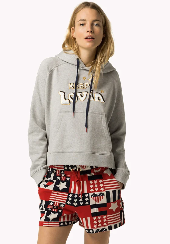 Tommy Hilfiger Gigi Hadid Slogan Hoodie, Grey Hoodie with Longline Fit Extended Stylish