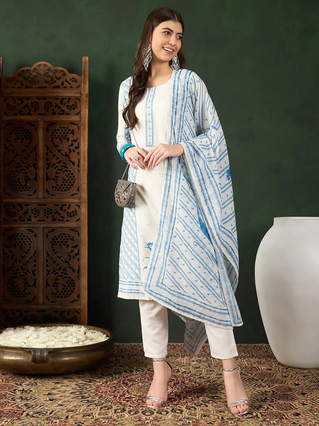 Ahika Women Off White Silk Blend Geometric Printed Straight Kurta Trouser With Dupatta-PKSKD2546WHT Trousers trendy modern