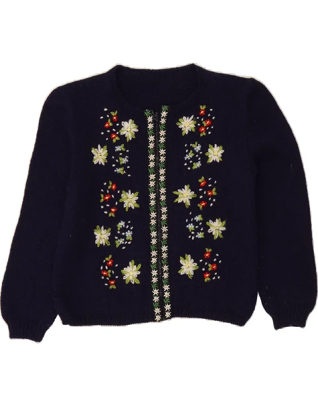 VINTAGE Womens Cardigan Sweater UK 14 Medium Navy Blue Floral Thin Thick Dense