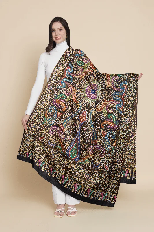 PASHTUSH WOMENS PASHMINA SHAWL, KASHMIRI TILLA WORK, HANDLOOM, MULTICOLOURED Chic Knit Shawl Poncho