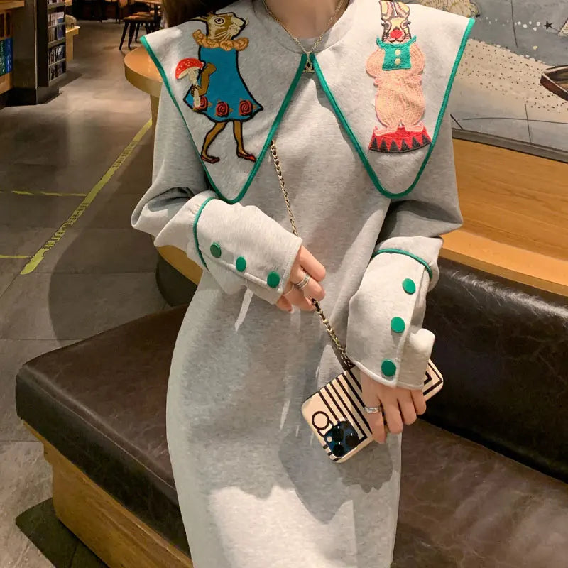 Advbridge Buttons Printing Patchwork Fashion Dresses Loose Preppy Style Sweet O-neck Long Sleeve Streetwear Pullovers Women's Clothing Soft Wool Sweater