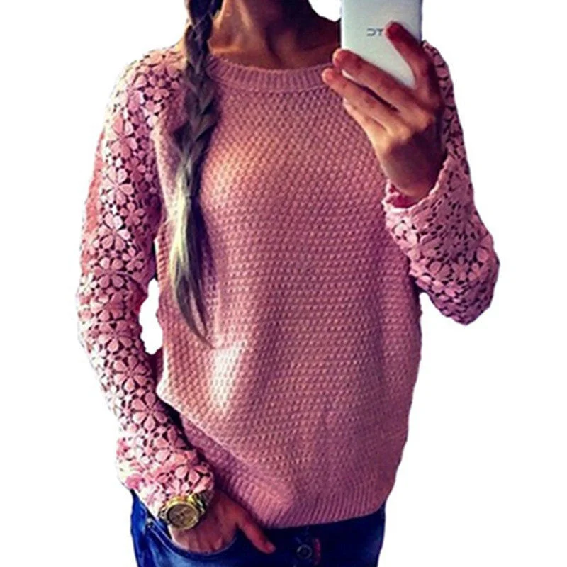 Spring Autumn Fashion Women Long Sleeve Lace Patchwork Casual Pullover Ladies Sweaters Plus Size clothes Knit Fabric Woven Fabric Fleece Fabric