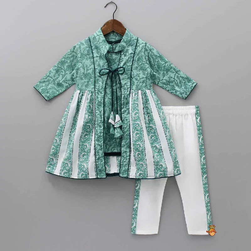 Printed Green Top With Tie Up Knot Jacket And Pant Nylon Fabric Polyester Fabric Spandex Fabric