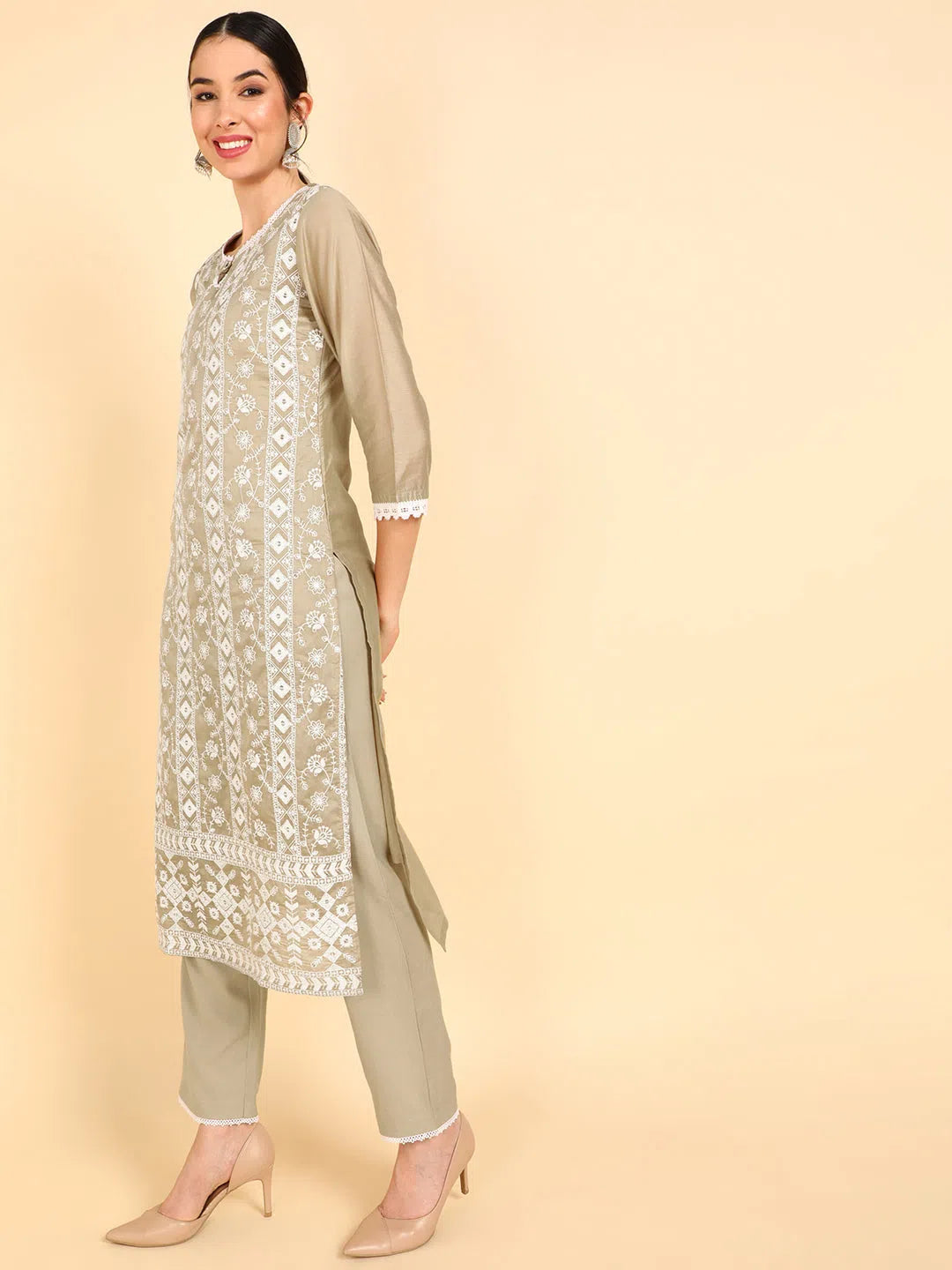 Ahika Poly Silk Embroidered Kurta Trousers With-PKSKD1346A_XS High Waist Slim Fit Ankle Length