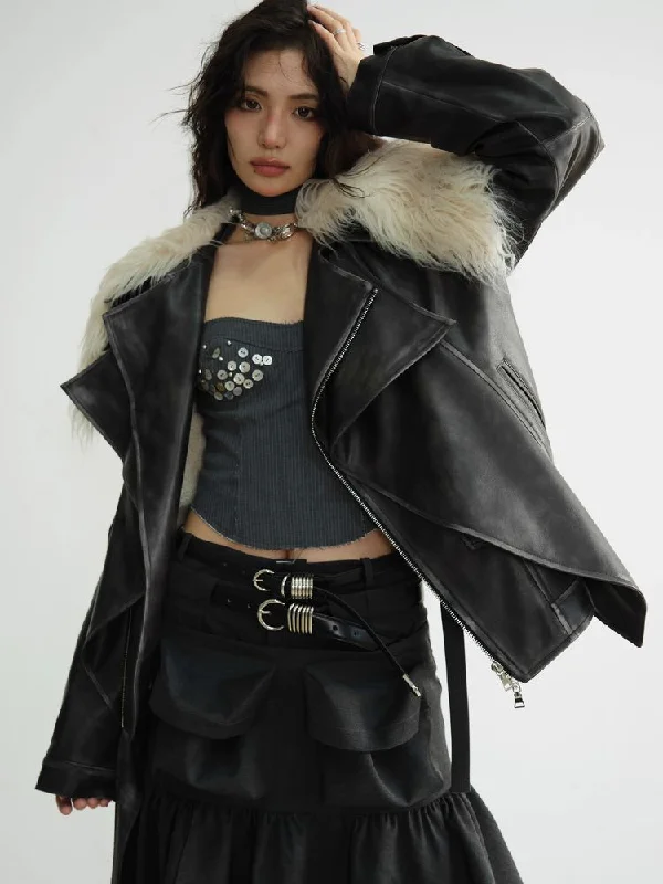 Fake Two Piece PU Leather Fur Jacket【s0000010925】 Fleece Jacket Down Jacket Feather Jacket