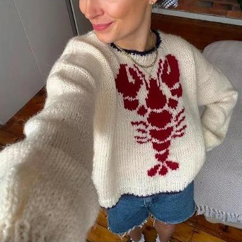 Advbridge Lobster Patterm Knitted Pullovers Autumn Winter Long Sleeve Knitwear 90s Vintage Grunge Preppy Y2K Sweater Women Asymmetrical Neck Pullover